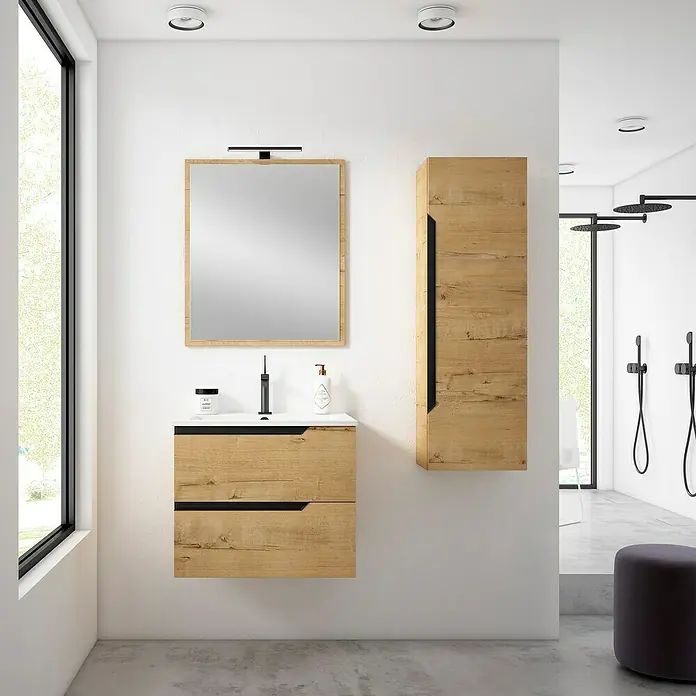 Mueble bajo de lavabo Nilo - An x Pr x Al: 60 x 45 x 50 cm, Nogal/Negro - Interior de baño con mueble de lavabo con aspecto de madera, espejo y armario alto. El diseño moderno realza el espacio.