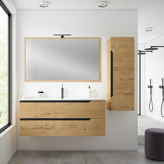 Mueble bajo de lavabo Nilo - An x Pr x Al: 120 x 45 x 50 cm, Nogal/Negro - Elegante interior de baño con mueble de lavabo de madera, espejo y armario alto a juego.