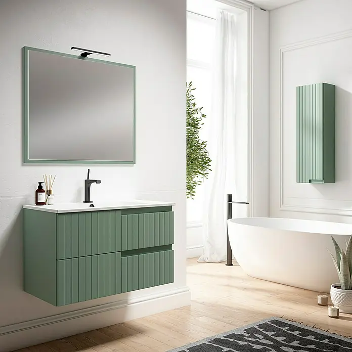 Mueble bajo de lavabo Claire - L x An x Al: 45 x 80 x 50 cm, Verde Olivo, 1 seno, salida central, Número de cajones: 2 ud. - Elegante interior de baño con un moderno mueble de lavabo verde y espejo a juego. Las líneas verticales añaden un toque de estilo al espacio.