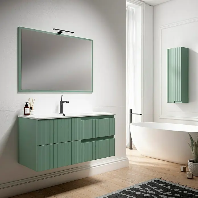 Mueble bajo de lavabo Claire - L x An x Al: 45 x 100 x 50 cm, Verde Olivo, 1 seno, salida central, Número de cajones: 2 ud. - Elegante baño con mueble de lavabo verde, espejo y bañera exenta.