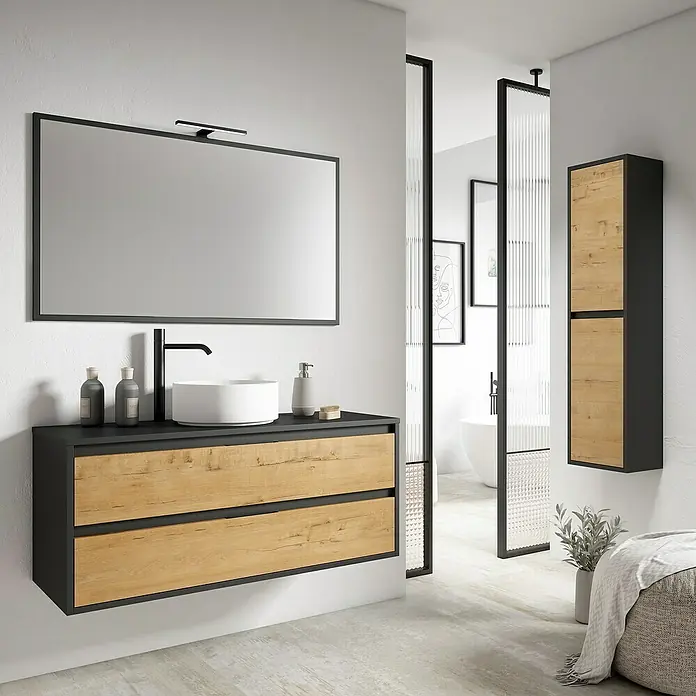 Mueble bajo de lavabo Arlet - L x An x Al: 45 x 120 x 50 cm, Negro/Nogal - Moderno baño con mueble de lavabo con aspecto de madera, lavabo sobre encimera negro y espejo a juego.