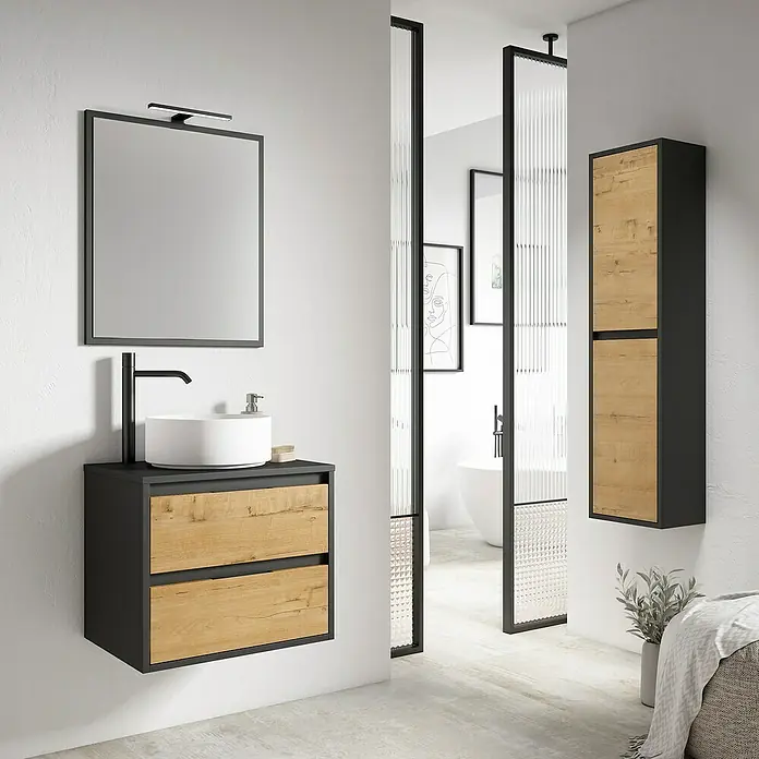 Mueble bajo de lavabo Arlet - L x An x Al: 45 x 70 x 50 cm, Negro/Nogal - Interior de baño moderno con mueble de lavabo, espejo y columna en aspecto de madera y negro. Diseño elegante para tu baño.