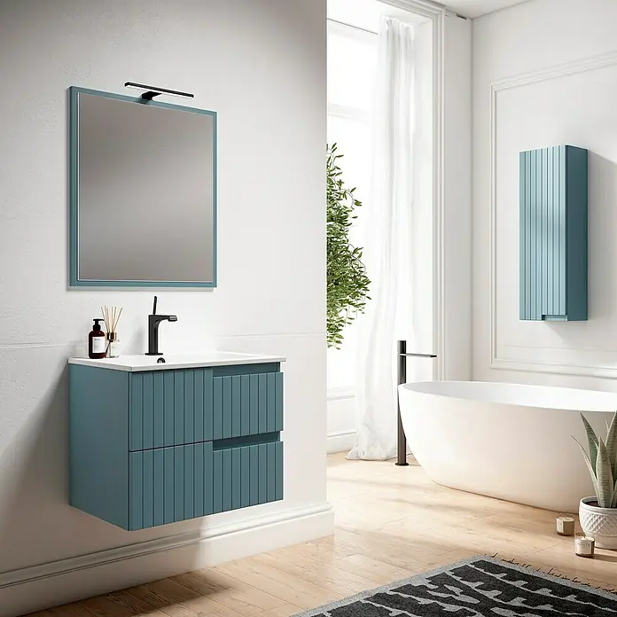 Mueble bajo de lavabo Claire - L x An x Al: 45 x 60 x 50 cm, Azul, 1 seno, salida central, Número de cajones: 2 ud. - Un baño moderno con un mueble de lavabo azul con espejo a juego. Diseño elegante para baños con estilo y almacenamiento.