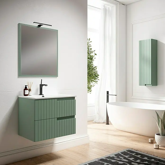 Mueble bajo de lavabo Claire - L x An x Al: 45 x 60 x 50 cm, Verde Olivo, 1 seno, salida central, Número de cajones: 2 ud. - Baño moderno con mueble de lavabo verde, espejo y bañera exenta para un espacio elegante y confortable.