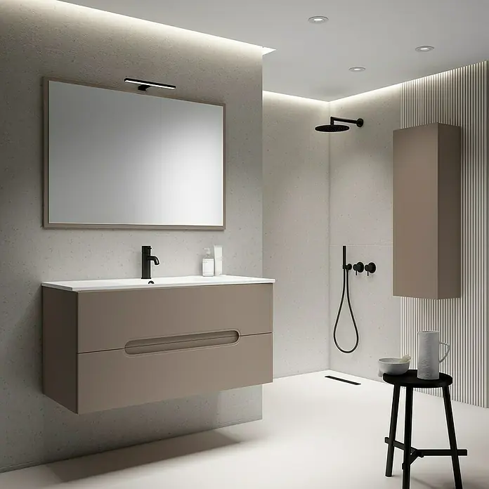 Mueble bajo de lavabo Eoin - An x Pr x Al: 100 x 45 x 50 cm, Gris - Baño moderno con mueble de lavabo flotante beige, un gran espejo y una elegante cabina de ducha.