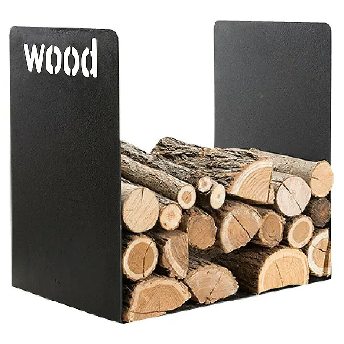 Holzkorb Wood - 50 x 35 x 49,5 cm, Stahl, Schwarz - Holzstapelhalter mit Holz. Das schwarze Metallgestell mit dem Schriftzug „Wood“ hält das Brennholz ordentlich und griffbereit.