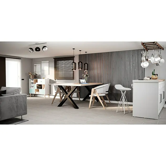 Feinsteinzeugfliese Beton - 30 x 60 cm, Grau, Matt - Einladender Essbereich mit modernem Holztisch, stilvollen Pendelleuchten und einer Akzentwand aus Holzlatten für eine warme Atmosphäre.