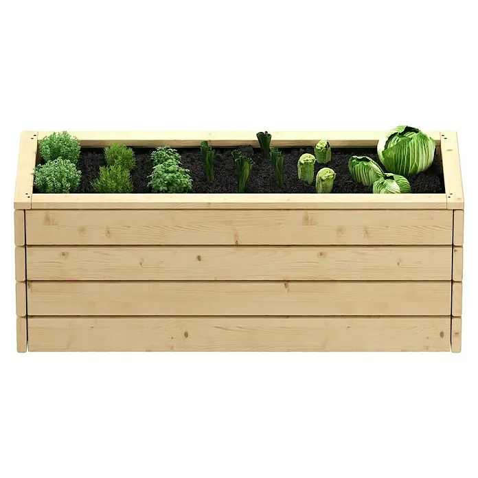 Kiehnholz Pflanzkasten - L x B x H: 115 x 40 x 43 cm, Holz - Ein hölzernes Hochbeet gefüllt mit Erde und verschiedenen Gemüsesorten wie Kohl, Salat und Kräutern. Ideal für den Garten oder die Terrasse.