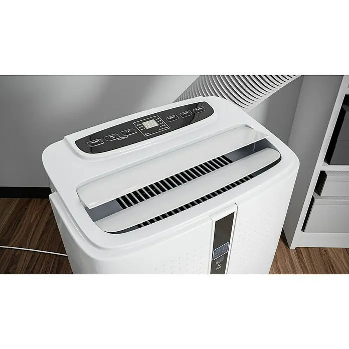 Voltomat Mobiles Klimagerät WiFi 12.000 BTU - 3.500 W, Raumgröße: 35 m², Weiß - Eine Nahaufnahme eines tragbaren, weißen Klimageräts mit Bedienfeld und Luftschlitzen, ideal für die flexible Klimatisierung.