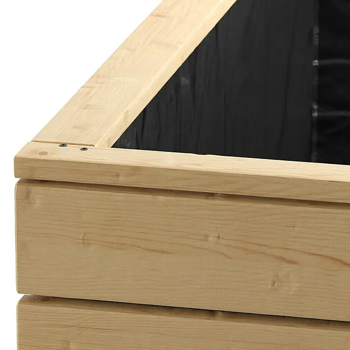 Kiehnholz Pflanzkasten - L x B x H: 115 x 40 x 43 cm, Holz - Nahaufnahme eines Hochbeets aus hellem Holz mit schwarzer Auskleidung, das die natürliche Maserung des Holzes und die solide Bauweise hervorhebt.