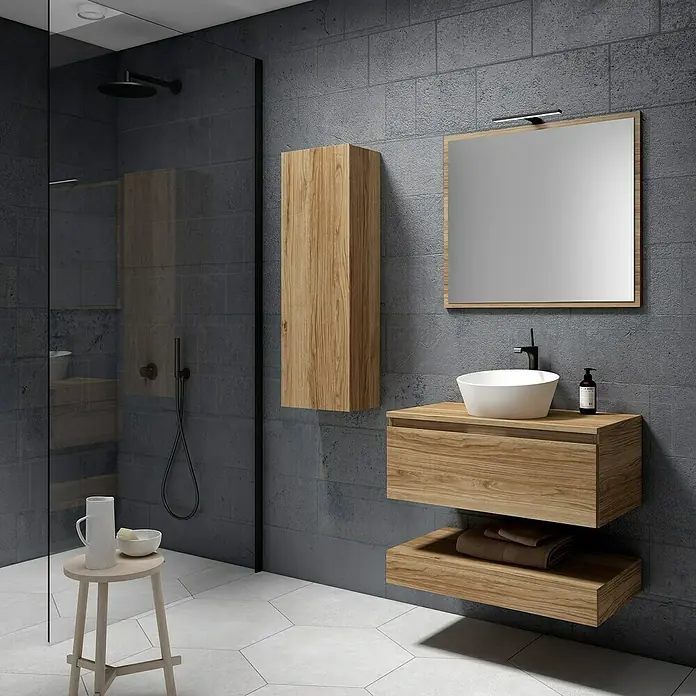 Mueble bajo de lavabo Sienna - L x An x Al: 45 x 80 x 30 cm, Teka - Baño moderno con un mueble de lavabo de madera, espejo y cabina de ducha, creando un ambiente elegante y minimalista.