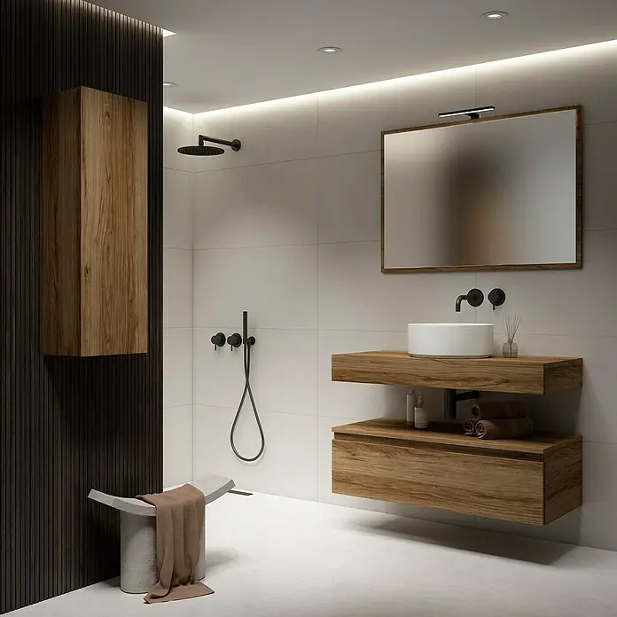 Conjunto de mueble de baño Aidan - Ancho: 100 cm, Teka, 3 pzs. - Baño luminoso con mueble de madera, lavabo con lavabo sobre encimera y espejo sobre el lavabo.