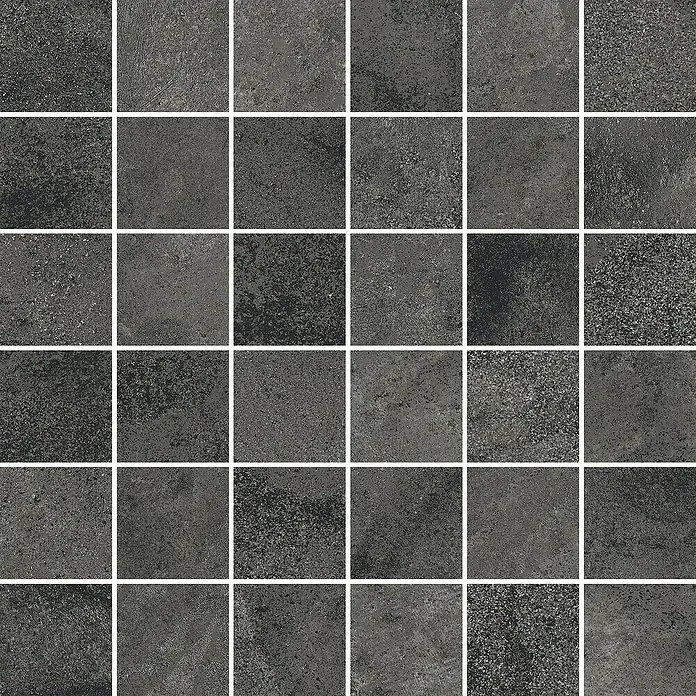 Queens Mosaikfliese 5 x 5 - 29,8 x 29,8 cm, Graphit, Matt - Graue quadratische Fliesen mit unebener Textur bilden ein nahtloses Muster, ideal für moderne Innenräume. Robuste und stilvolle Bodenbelagslösung.