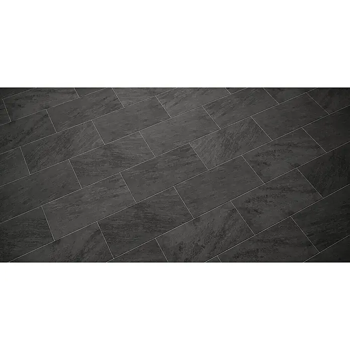 Feinsteinzeugfliese Manhattan Dark - 30 x 60 cm, Anthrazit, Matt - Nahaufnahme von grauen Fliesen, die in einem diagonalen Muster verlegt sind und eine moderne und stilvolle Oberfläche zeigen.