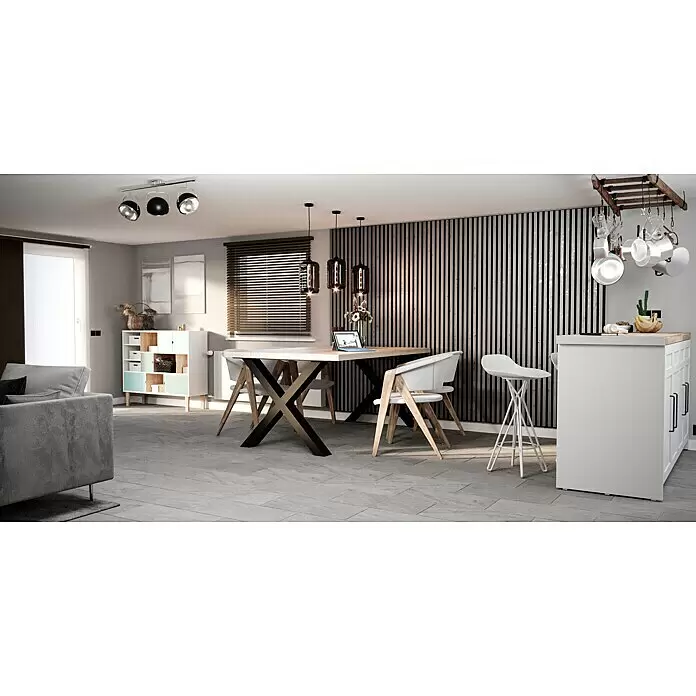 Feinsteinzeugfliese Manhattan Smoke - 30 x 60 cm, Grau, Matt - Moderner offener Wohn- und Essbereich mit langem Holztisch, hellgrauem Sofa, weißem Regal und Kücheninsel.