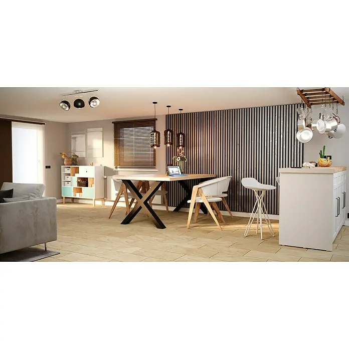 Feinsteinzeugfliese Jade Stone - 30 x 60 cm, Beige, Matt - Esszimmer mit Holztisch und Stühlen, beleuchtet von Pendelleuchten, ergänzt durch eine Kücheninsel und Regale.