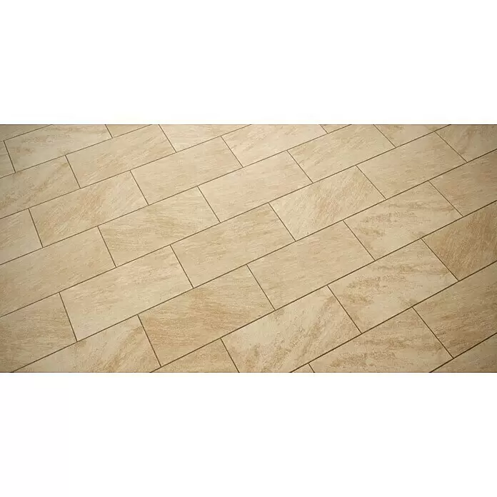 Feinsteinzeugfliese Jade Stone - 30 x 60 cm, Beige, Matt - Beige, texturierte rechteckige Bodenfliesen mit dunklem Fugenmörtel, diagonal verlegt.