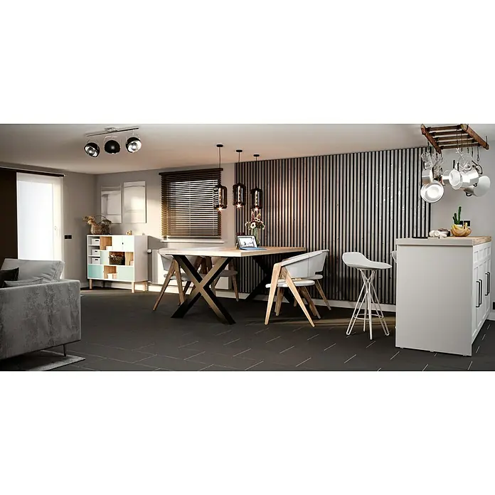 Ambiente by Palazzo Feinsteinzeugfliese - 30 x 60 cm, Schwarz, Matt - Wohnraum mit grauem Sofa, Esstisch mit Laptop, Kücheninsel und moderner Beleuchtung für ein stilvolles Ambiente.