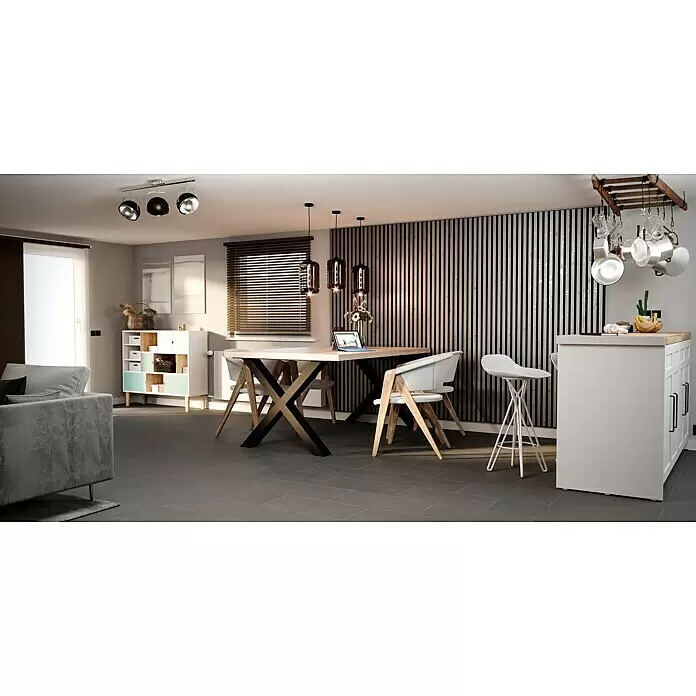 Art-Tec by Palazzo Feinsteinzeugfliese - 30 x 60 cm, Steel, Matt - Moderner offener Raum mit grauem Sofa, Esstisch aus Holz mit schwarzen X-Beinen und weißer Kücheninsel.