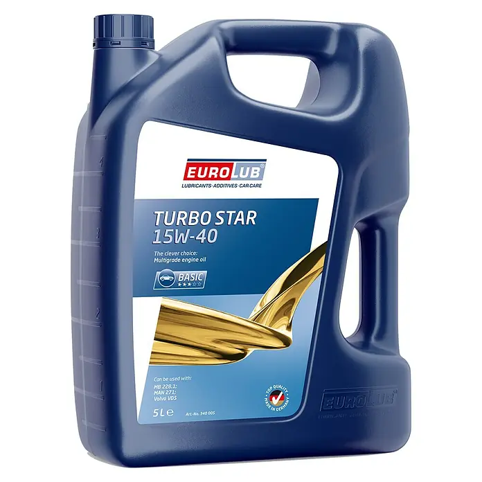 EuroLub Mehrbereichsöl Turbo Star - 15W-40, 5 l - Abbildung eines blauen 5-Liter-Kanisters mit EUROLUB Turbo Star 15W-40 Mehrbereichsmotorenöl für Autos, hergestellt in Deutschland.