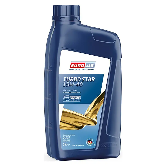 EuroLub Mehrbereichsöl Turbo Star - 15W-40, 1 l - Produktbild einer dunkelblauen 1-Liter-Flasche Eurolub Turbo Star 15W-40 Mehrbereichs-Motorenöl, ideal für MB, MAN und Volvo, für Top-Qualität.