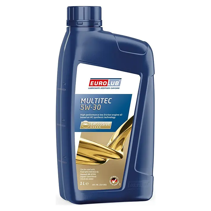 EuroLub Motoröl Multitec - 5W-30, A5/B5, 1 l - Abbildung einer blauen 1-Liter-Flasche EuroLub MultiTec 5W-30 Motoröl, ein hochwertiges Motoröl für Autos.