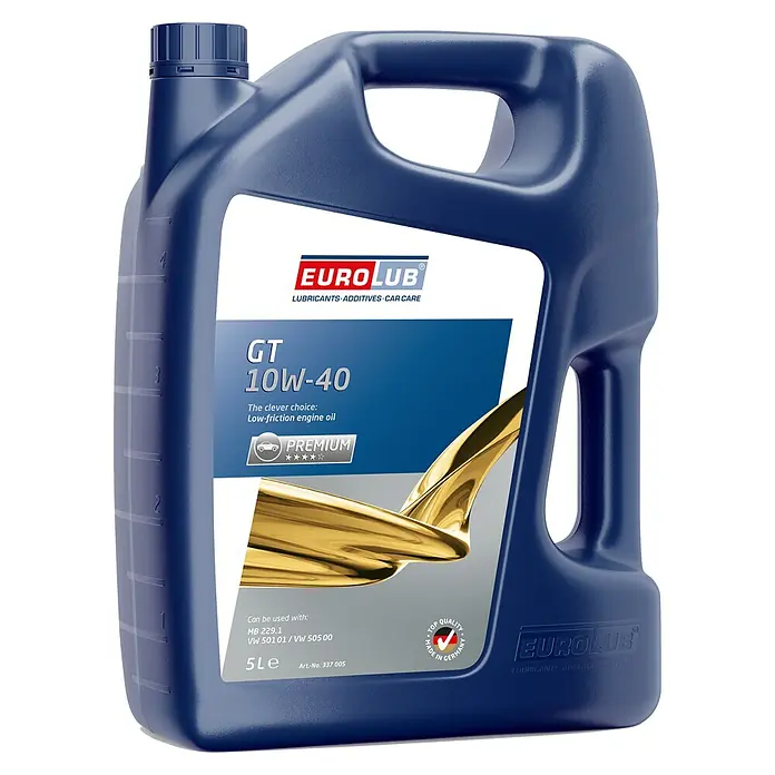 EuroLub Leichtlaufmotorenöl GT - 10W-40, A3, 5 l - Abbildung einer 5-Liter-Flasche EUROLUB GT 10W-40 Motoröl, ein hochwertiges Schmiermittel für hervorragenden Schutz und Leistung.