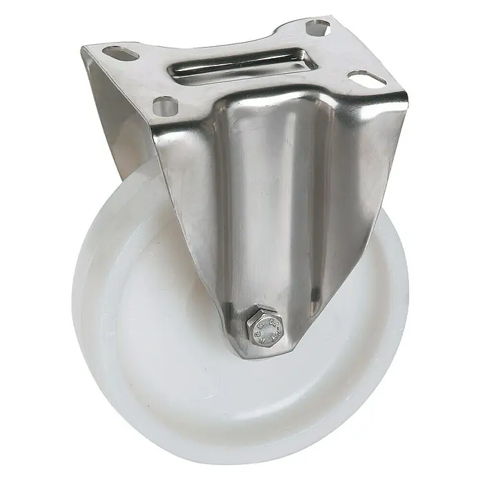 Dörner & Helmer Transportgeräte-Bockrolle - Durchmesser Rollen: 100 mm, Traglast: 150 kg, Gleitlager, Höhe: 128 mm, Material Gehäuse: Edelstahl - Detailaufnahme einer weißen Schwerlastrolle mit Edelstahlgehäuse, ideal für industrielle Anwendungen und hohe Belastungen.