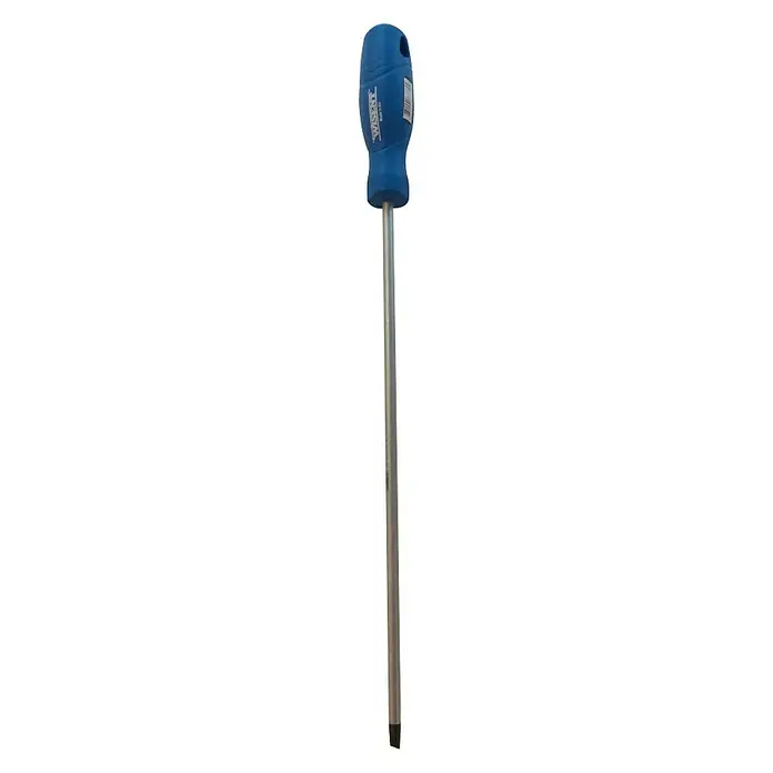 Wisent Schraubendreher - SL 1 x 5,5 mm, Klingenlänge: 30 cm - Ein blauer Kreuzschlitzschraubendreher, ideal für Heimwerkerprojekte, zeichnet sich durch seine lange, robuste Bauweise und den komfortablen Griff aus.