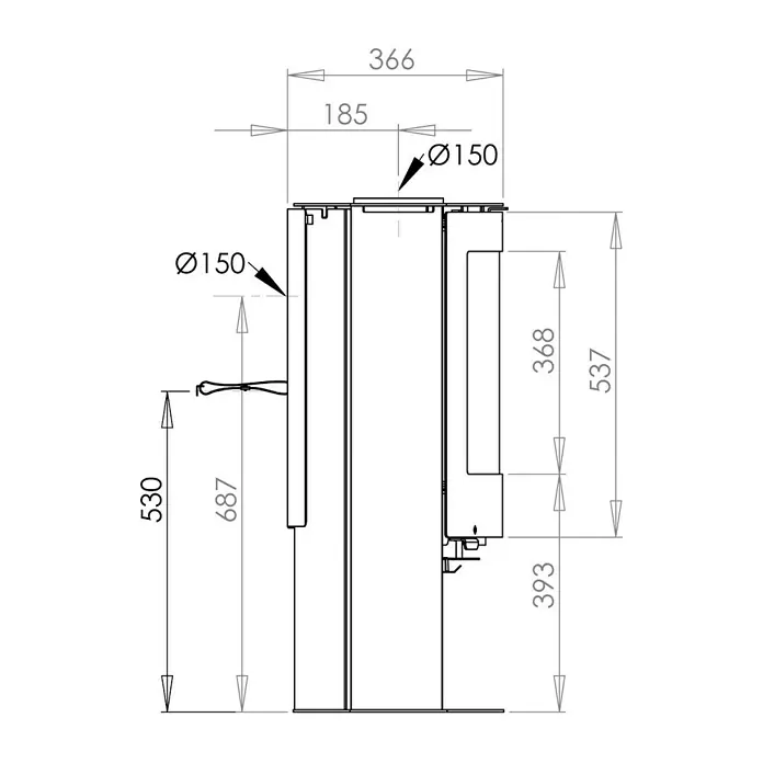 Aduro Kaminofen 15-2 - 6,5 kW, Raumheizvermögen: 334 m³, Material Verkleidung: Stahl, Schwarz - Produktansicht: Technische Zeichnung eines Heizgeräts mit detaillierten Maßangaben und Abmessungen für Installationszwecke.