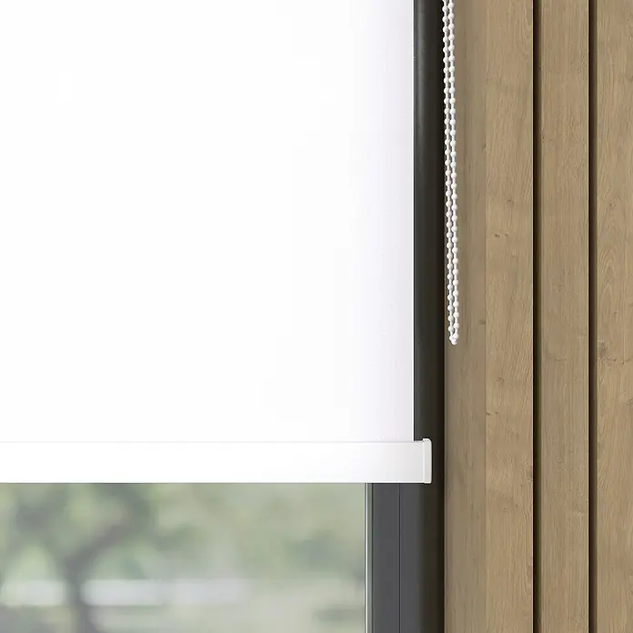 Expo Ambiente Rollo mit Kassette - B x H: 65 x 175 cm, Weiß, Uni - Ein weißes Rollo, das teilweise heruntergelassen ist, hängt vor einem Fenster mit Blick auf eine grüne Landschaft. Eine Zugschnur hängt an der Seite.