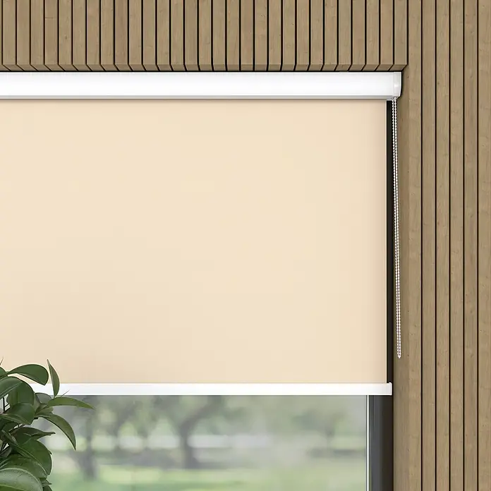 Expo Ambiente Rollo mit Kassette - B x H: 50 x 175 cm, Beige, Uni - Ein beiger Rollo ist vor einem Fenster zu sehen, der weiße Rahmen sorgt für einen schönen Kontrast zur Farbe des Rollos und der Umgebung.
