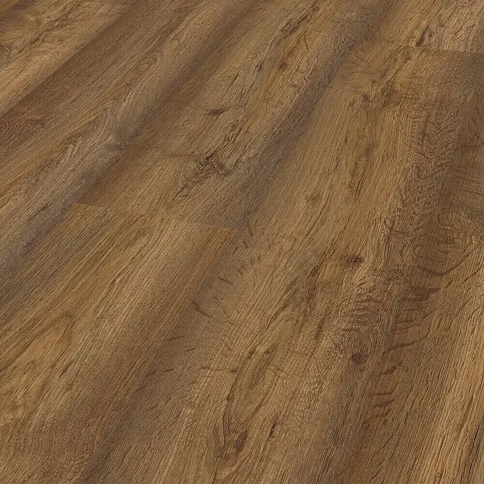 LOGOCLIC Edition Laminat Family Ascoli1.285 x 192 x 7 mm, Landhausdiele, Ascoli - Nahaufnahme des warmen, strukturierten Laminatbodens mit Holzmaserung.