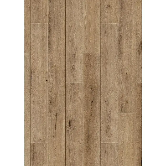 LOGOCLIC Designboden Element Flex - Eiche Santia, Landhausdiele, 1.288 x 239 x 7 mm - Nahaufnahme des Laminatbodens, der eine natürliche Holzoptik mit Maserung und warmen Farbtönen aufweist.\n
