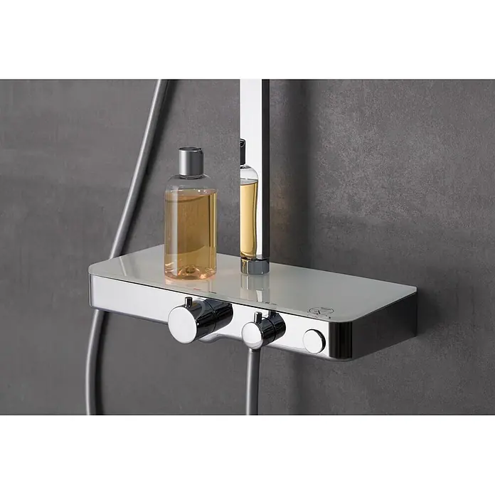 Camargue Duschsystem Grande Vita - Mit Thermostatarmatur, Anzahl Strahlarten: 3 Stk., Chrom/Weiß - Duscharmatur mit Ablage für Shampoo und Duschgel. Die Armatur ist aus Chrom und hat einen modernen Look.