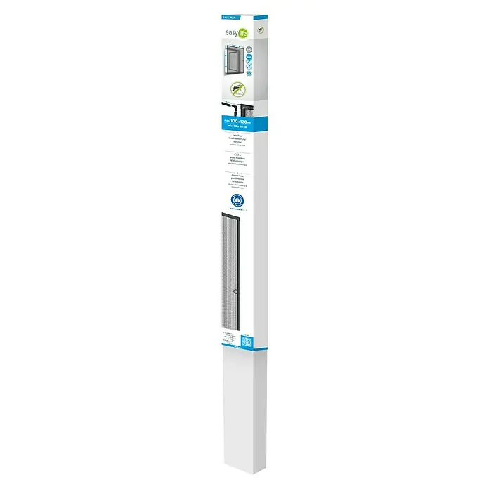 Easy Life Insektenschutzfenster WhiteLINE PLUS Insektenschutz-Teleskopfenster - Anthrazit, Breitenverstellung: 57 cm - 97 cm, Höhenverstellung: 67 cm - 117 cm, teleskopierbar - Produktverpackung für einen Easy Life Teleskop-Insektenschutzrahmen für Fenster, geeignet für Größen von 70x80 bis 100x120 cm.