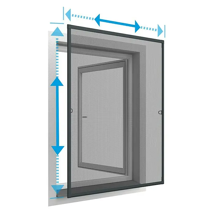 Easy Life Insektenschutzfenster WhiteLINE PLUS Insektenschutz-Teleskopfenster - Anthrazit, Breitenverstellung: 57 cm - 97 cm, Höhenverstellung: 67 cm - 117 cm, teleskopierbar - Nahaufnahme einer grauen Insektenschutztür mit blauen Pfeilen, die die Abmessungen hervorheben. Ideal für Fenster und Türen.