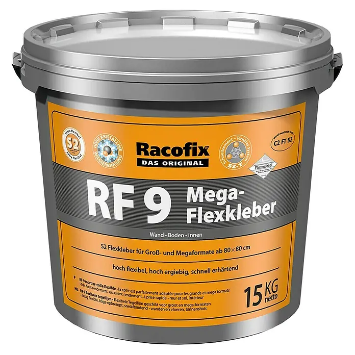 Racofix Flexkleber RF9 - 15 kg - Racofix RF 9 Mega-Flexkleber im Eimer. Der flexible Klebstoff eignet sich gut für große und mega Formate und ist schnell erhärtend.