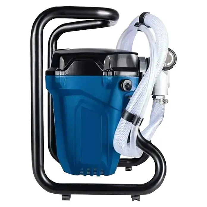 Scheppach Farbsprühsystem PTSA350 - 750 W, Förderleistung: 1,1 l/min - Ein detailreiches Bild einer Farbspritzpistole mit blauem Behälter und schwarzem Rahmen.
