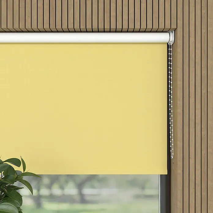 Verdunkelungsrollo - B x H: 120 x 190 cm, Gelb - Gelbe Rollladen im modernen Holzrahmen, die einen Hauch von Farbe in den Raum bringen. Schlichtes Design für moderne Fensterdekoration.