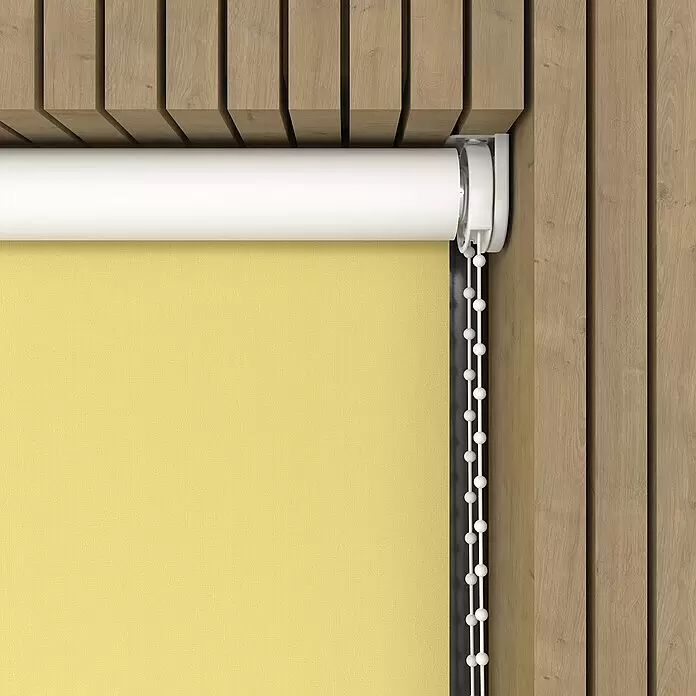 Verdunkelungsrollo - B x H: 120 x 190 cm, Gelb - Gelber Rolladen mit weißem Gehäuse und Kette, in Holzleistenrahmen.