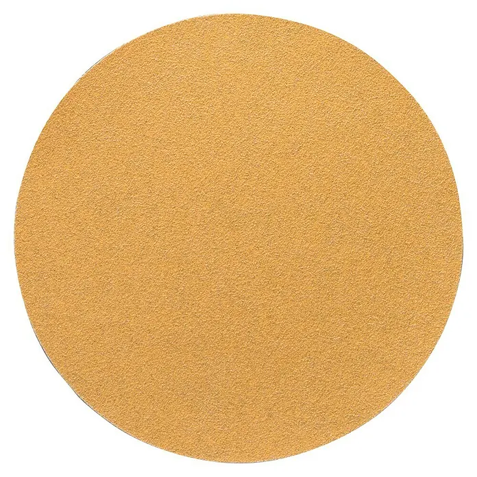 Craftomat Schleifblatt-Set - Durchmesser: 125 mm, 10 Stk., Körnung: 120 - Abbildung eines einzelnen runden Schleifpapiers in Goldbraun mit leichter Textur. Perfekt zum Glätten verschiedener Oberflächen.