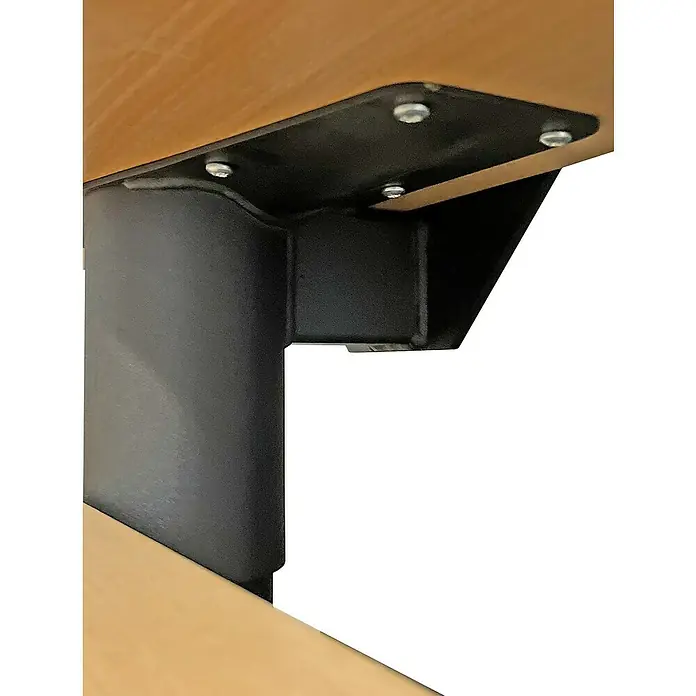 Atrium Mittelholmtreppe Dixi Plus - Farbton Metall: RAL 9005, Breite: 70 mm, Buche, 1/4-gewendelt, Geschosshöhe: 222 cm - 300 cm - Detailaufnahme eines stabilen Tischbeins aus schwarzem Metall, das an einer Tischplatte befestigt ist und für Robustheit sorgt.