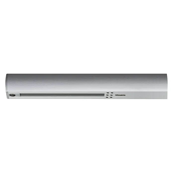 Paulmann URail End-Einspeisung - 16,1 cm, 1.000 W, Chrom matt - Eine silberne, längliche Beleuchtungsvorrichtung mit kleinen Löchern und einer durchgehenden Aussparung.