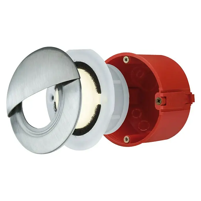 Paulmann Special Line LED-Einbauleuchten-Abdeckung Cap - Edelstahl, IP65 - Nahaufnahme einer runden, eingelassenen LED-Wandleuchte mit gebürstetem Metallfinish und roter Unterputzdose.