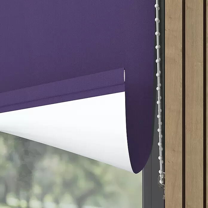 Verdunkelungsrollo - B x H: 40 x 190 cm, Lila - Teilweise abgerolltes lila Rollo mit weißer Rückseite, das sein doppellagiges Gewebe zeigt.