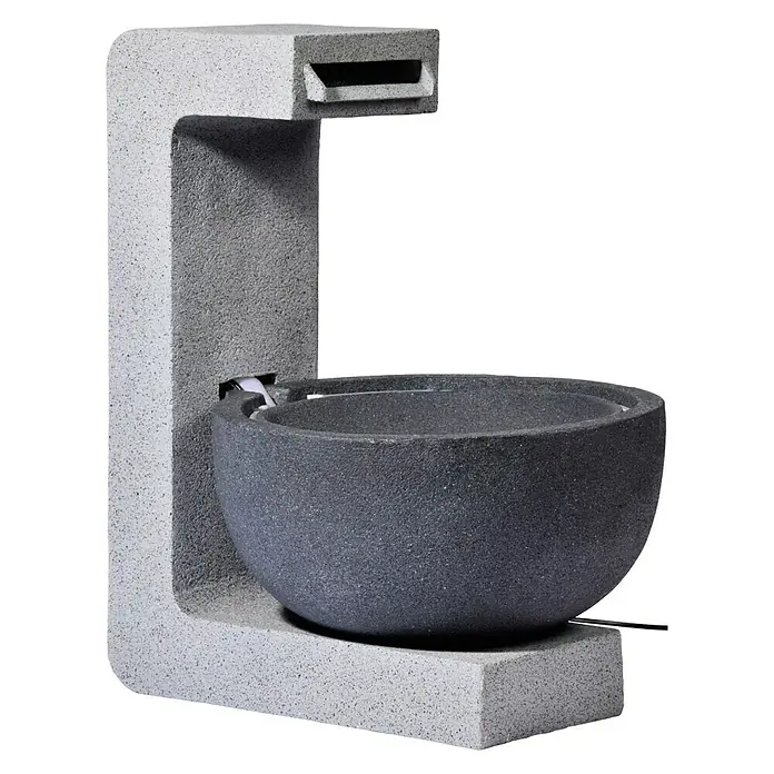 Dobar Kunststeinbrunnen - 52 x 44 x 65 cm - Moderne Gartenbrunnen mit einer grauen Säule und einer dunklen Schale, ideal für eine beruhigende Atmosphäre im Außenbereich.