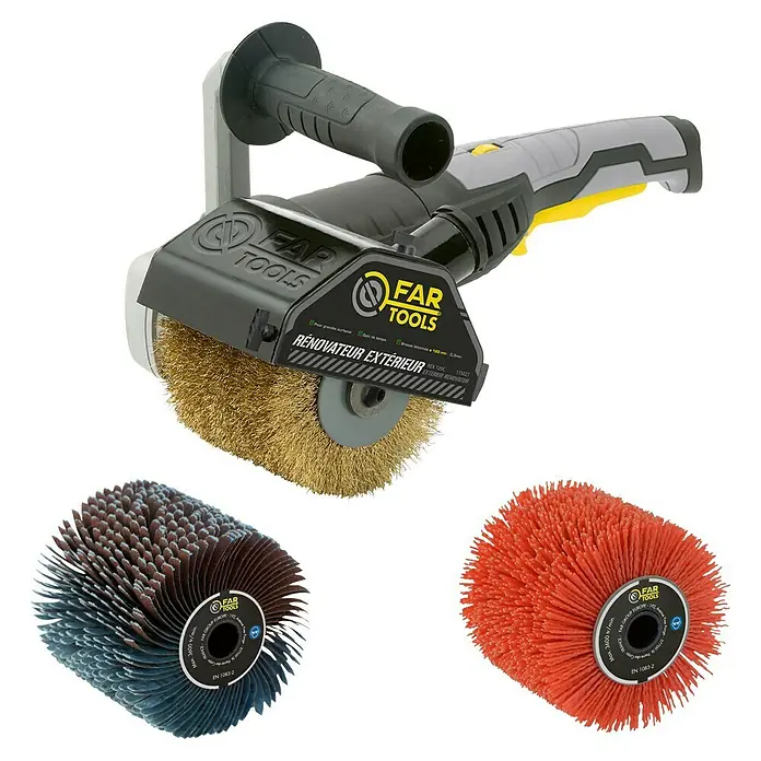 Fartools Lijadora multifunción eléctrica  REX 120C - 1.300 W, Número de oscilaciones marcha en vacío: 900 r.p.m. - 3.200 r.p.m. - La imagen muestra un renovador exterior Far Tools con varios accesorios de cepillo para la preparación de superficies.