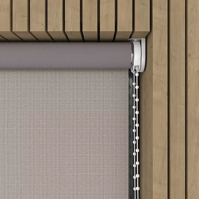 Expo Ambiente Verdunkelungsrollo Nicole - B x H: 60 x 190 cm, Braun - Graues, strukturiertes Rollrollo mit weißer Perlenkette, in Holzlamellenrahmen installiert.
