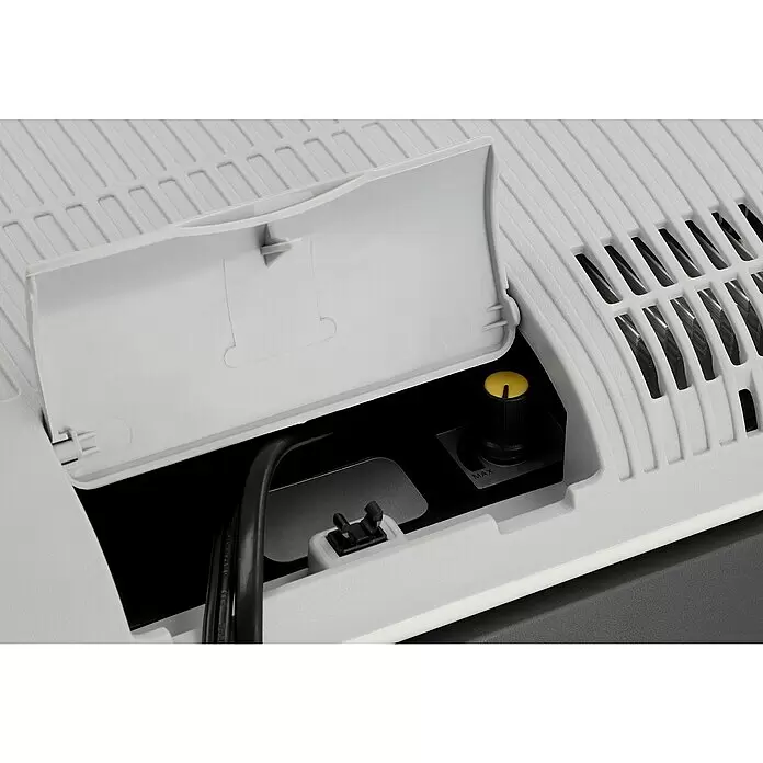 AEG Nevera de camping KK 20 - Capacidad volumétrica: 20 l, Gris - Vista superior de un aparato de plástico gris claro con compartimento abierto, revelando un cable de alimentación y un pomo de control amarillo 'MAX'.